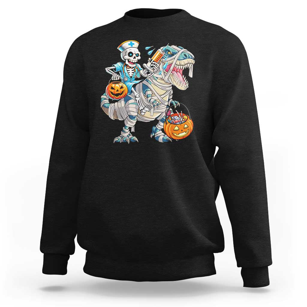 Black Halloween sweatshirt with cartoon skeleton nurse riding dinosaur and holding pumpkin candy