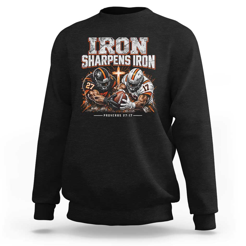 Iron Sharpens Iron Funny Christian Football Sweatshirt Religious Faith Game Day Bible Verse Inspirational