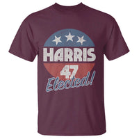 Maroon Harris graphic T-shirt with 'Harris', '47', and 'Elected!' front print