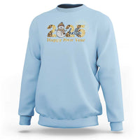 Light blue crewneck sweatshirt with snowman and fireworks graphic, 'Happy New Year' text