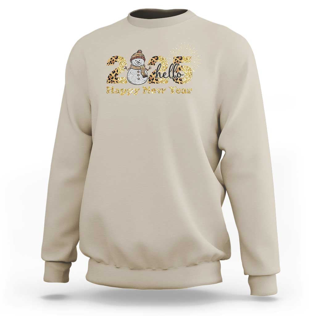 Sand crewneck sweatshirt with snowman and fireworks graphic, 'Happy New Year' text
