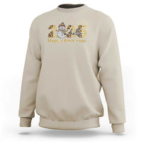 Sand crewneck sweatshirt with snowman and fireworks graphic, 'Happy New Year' text