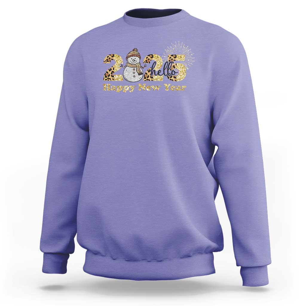 Violet crewneck sweatshirt with snowman and fireworks graphic, 'Happy New Year' text