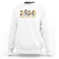 White crewneck sweatshirt with snowman and fireworks graphic, 'Happy New Year' text