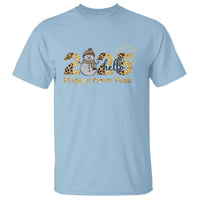 Light blue Happy New Year T-shirt with 2025 snowman, fireworks, and “hello” text
