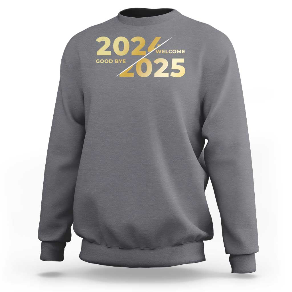 Dark heather gray crewneck sweatshirt with “2025” New Year graphic on the front.