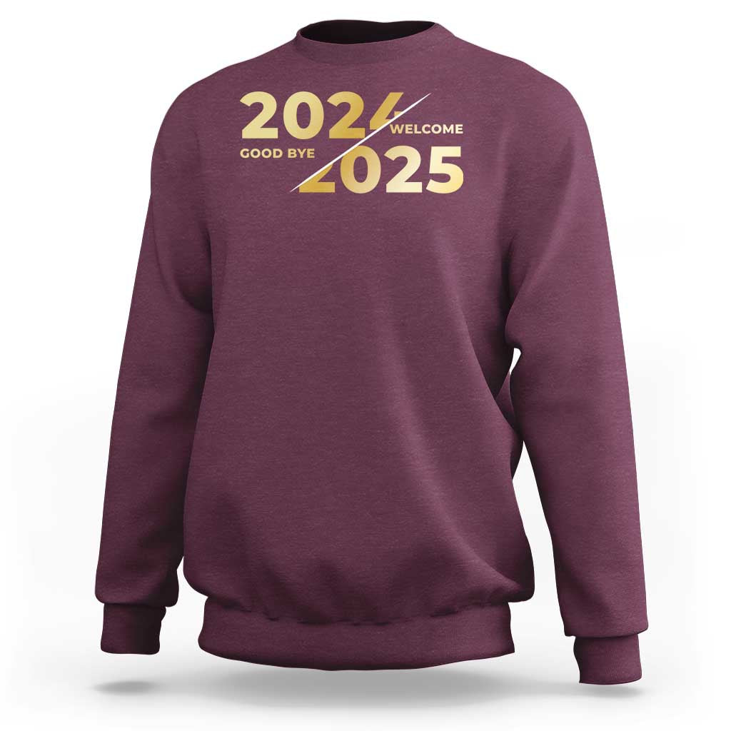 Maroon crewneck sweatshirt with “2025” New Year graphic on the front.