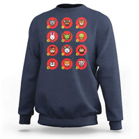Navy sweatshirt with colorful Chinese zodiac animal face graphic on the chest