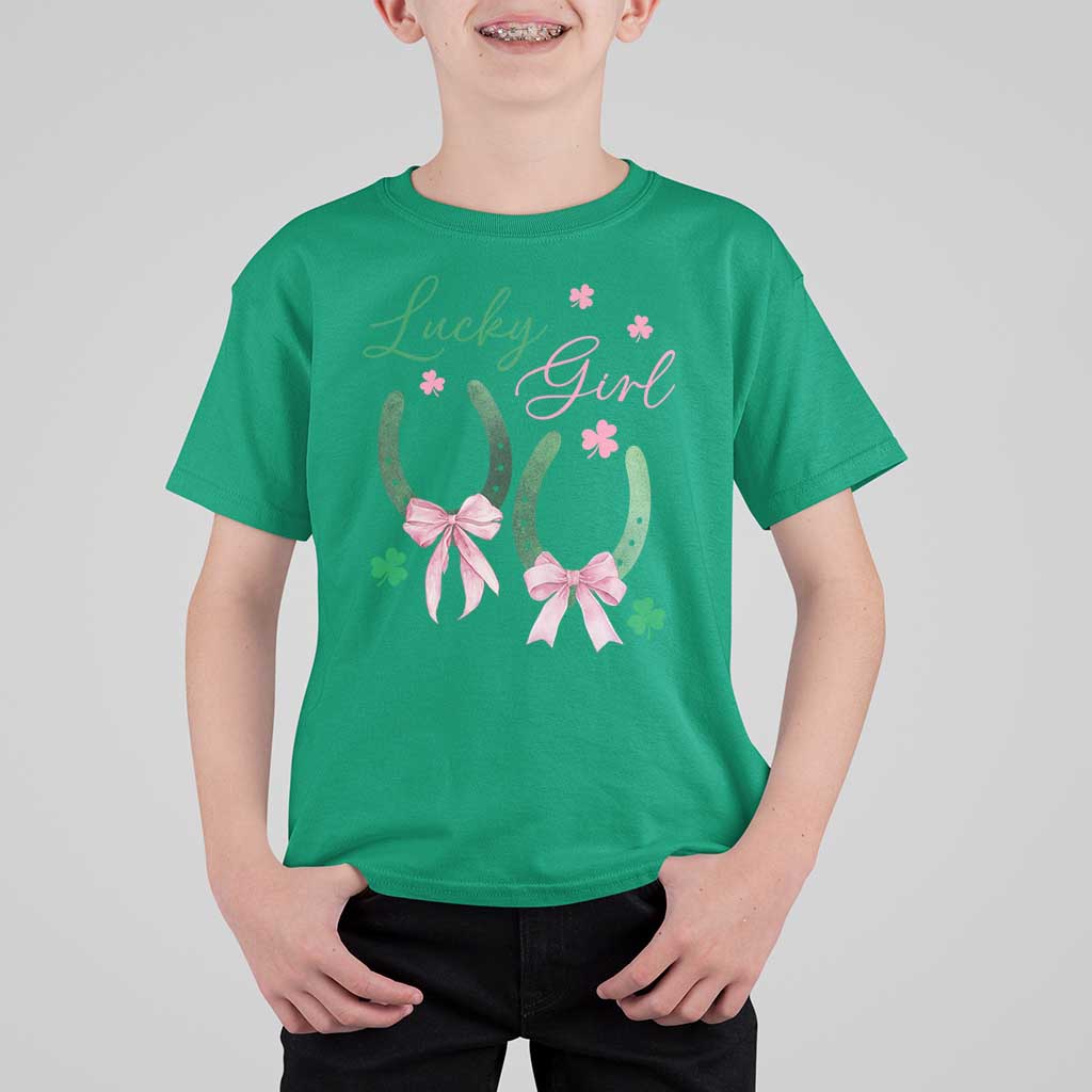 Funny St Patrick's Day Coquette T Shirt For Kid Lucky Girl Horseshoe Pink Bow