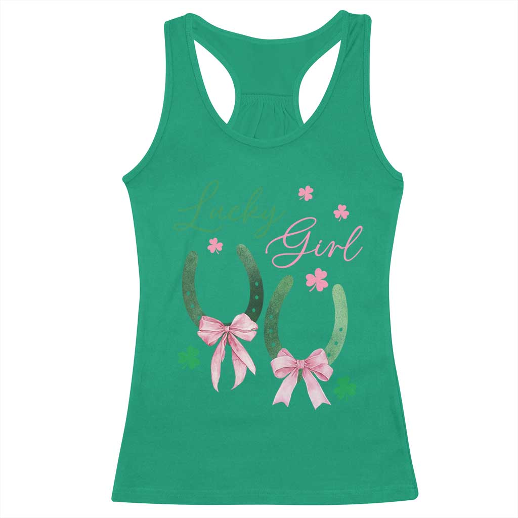 Funny St Patrick's Day Coquette Racerback Tank Top Lucky Girl Horseshoe Pink Bow