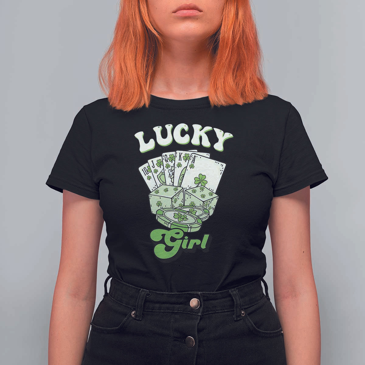 Funny St Patrick's Day Casino Games T Shirt For Women Lucky Girl Shamrock Casino Poker Chips Cards