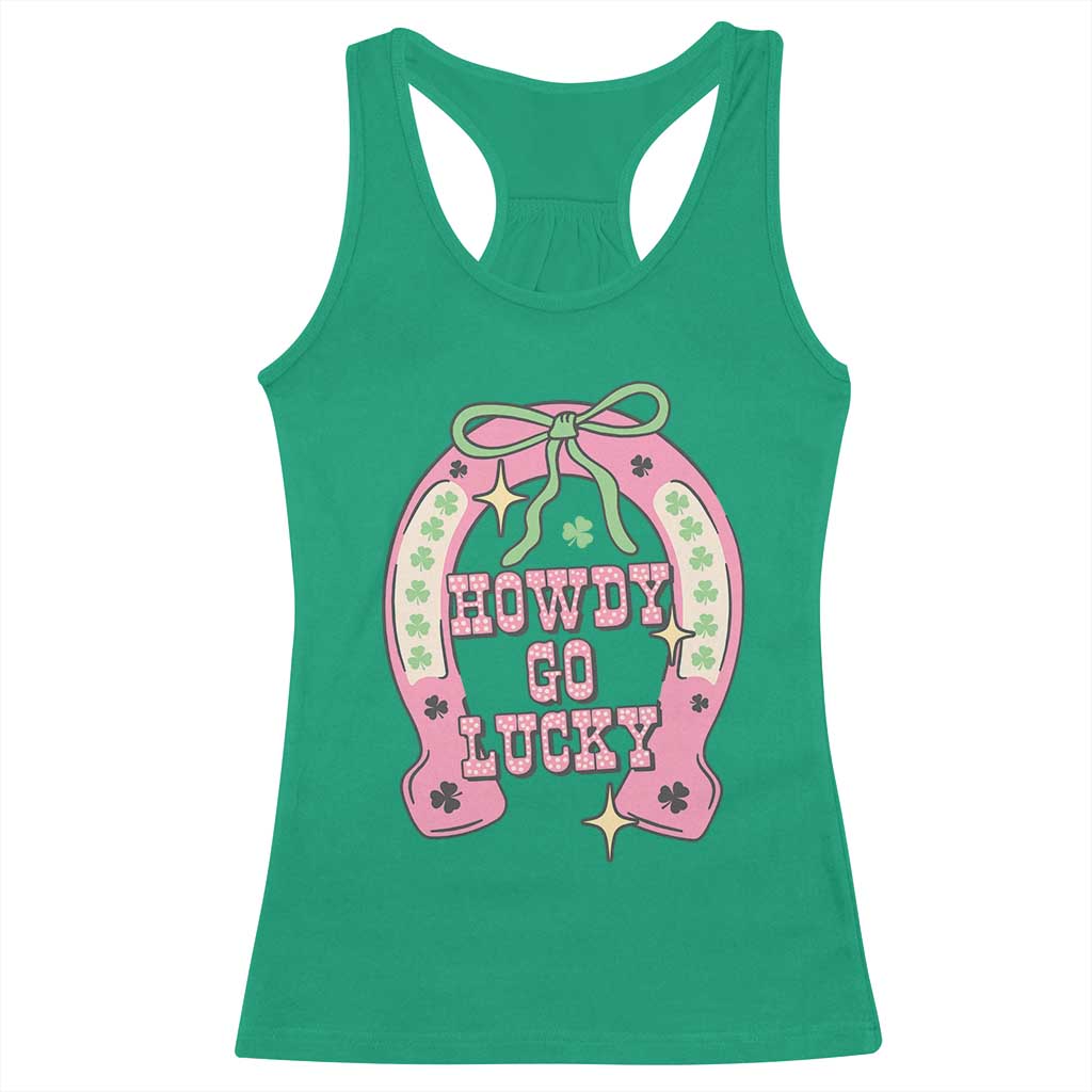 Funny St Patrick's Day Cowgirl Coquette Racerback Tank Top Howdy Go Lucky Pink Horseshoe