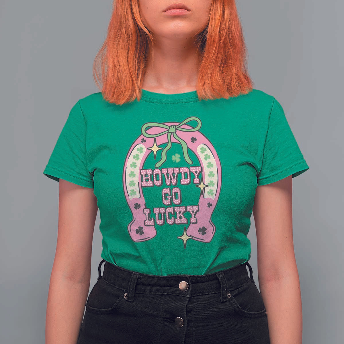 Funny St Patrick's Day Cowgirl Coquette T Shirt For Women Howdy Go Lucky Pink Horseshoe