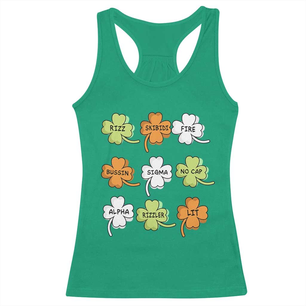 Funny Skibidi Rizz St Patrick's Day Racerback Tank Top Shamrock Clover Candy Rizzler Meme