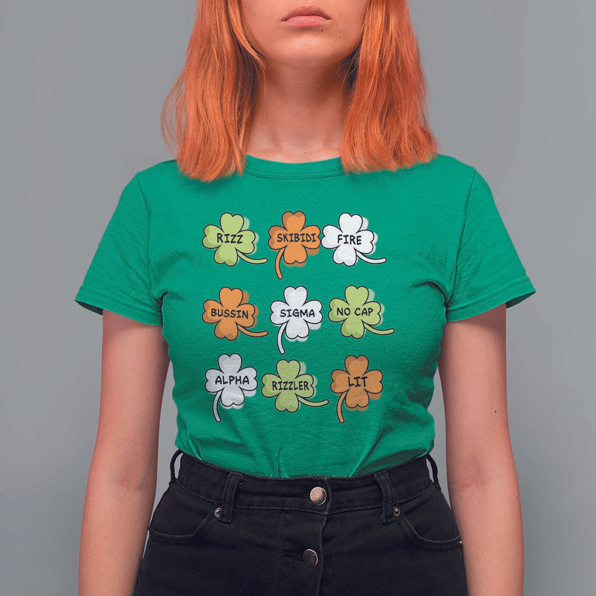 Funny Skibidi Rizz St Patrick's Day T Shirt For Women Shamrock Clover Candy Rizzler Meme