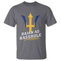 Dark heather T-shirt with stylized trident graphic and “BAJAN AS RASSHOLE” text