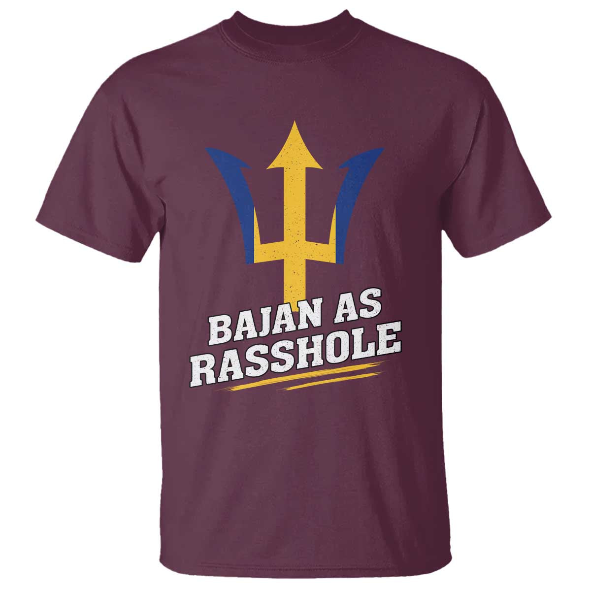 Maroon T-shirt with stylized trident graphic and “BAJAN AS RASSHOLE” text