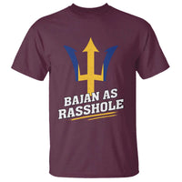 Maroon T-shirt with stylized trident graphic and “BAJAN AS RASSHOLE” text