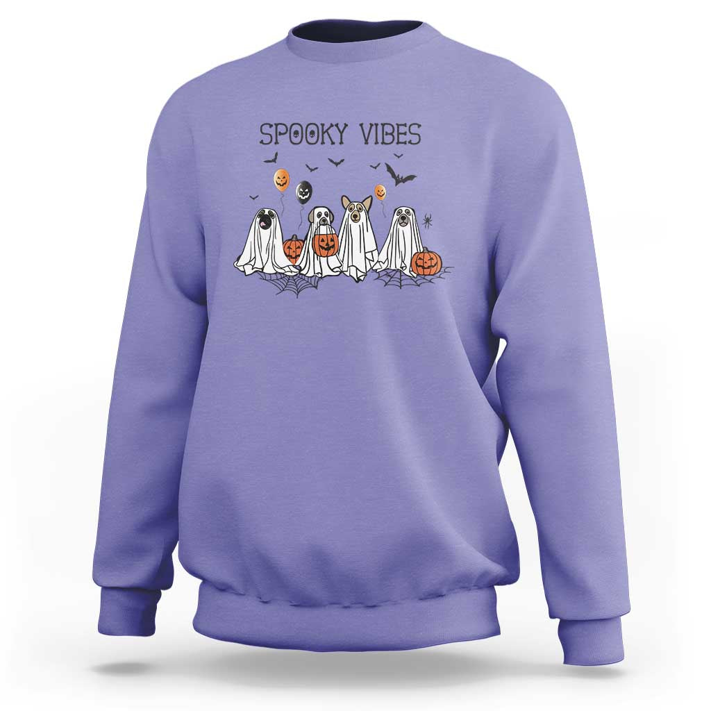 Purple Halloween sweatshirt with cartoon ghost dog and pumpkin graphic