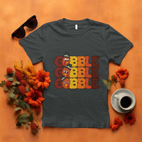 Charcoal gray turkey gobble graphic T-shirt with three stacked cartoon turkey faces