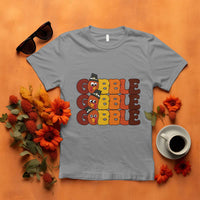 Medium gray turkey gobble graphic T-shirt with three stacked cartoon turkey faces