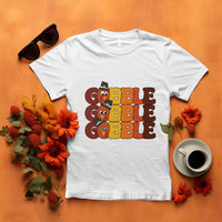 White turkey gobble graphic T-shirt with three stacked cartoon turkey faces