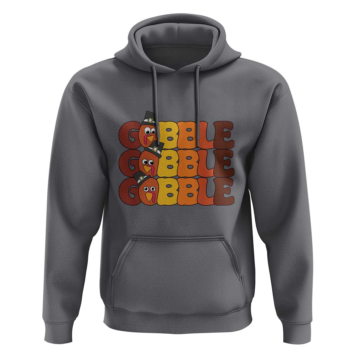Charcoal gray hoodie with turkey graphic and “GOBBLE GOBBLE” text, front kangaroo pocket and hood