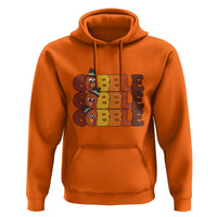 Orange hoodie with turkey graphic and “GOBBLE GOBBLE” text, front kangaroo pocket and hood
