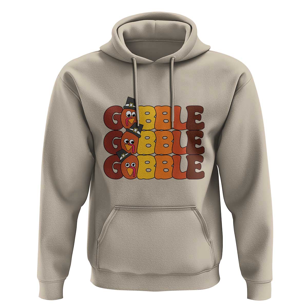 Sand hoodie with turkey graphic and “GOBBLE GOBBLE” text, front kangaroo pocket and hood