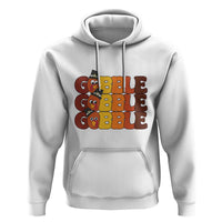 White hoodie with turkey graphic and “GOBBLE GOBBLE” text, front kangaroo pocket and hood