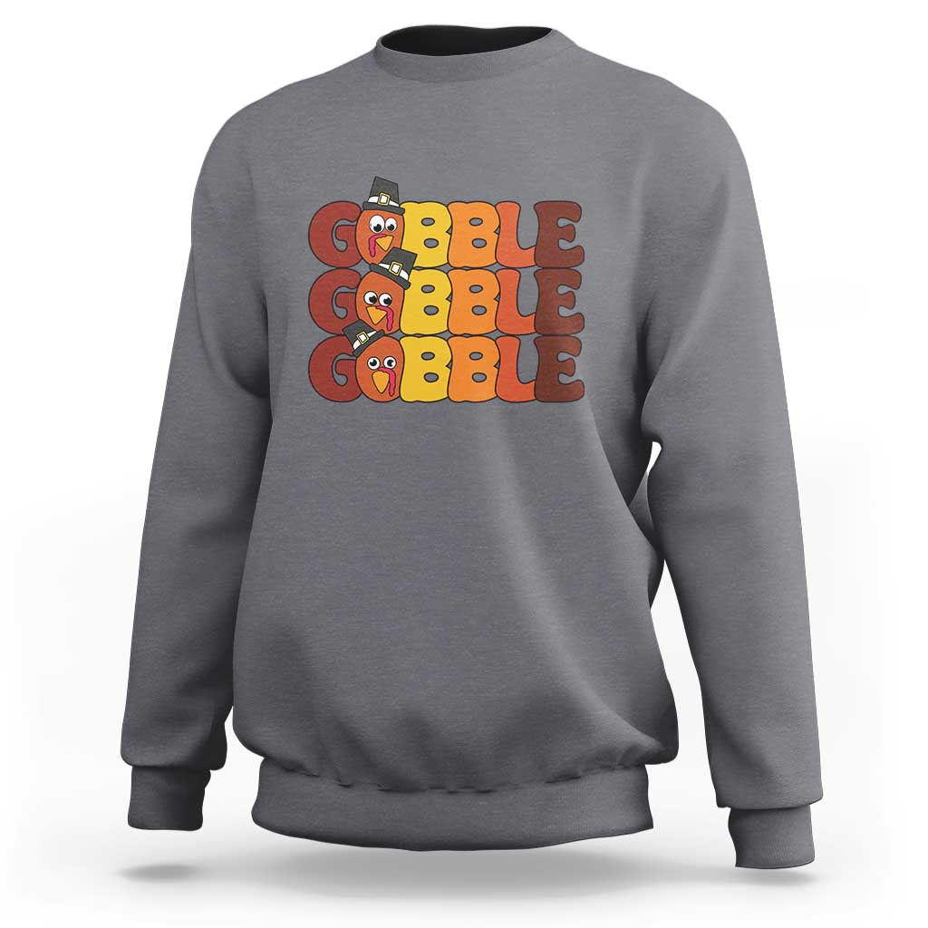 Heather gray sweatshirt with "GOBBLE GOBBLE" turkey graphic on the chest