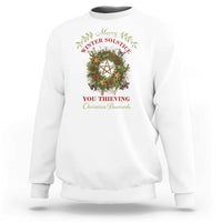 White crewneck sweatshirt with holiday wreath and pentagram graphic