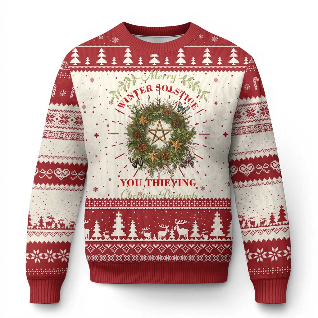 Red and cream ugly Christmas knit sweater with wreath pentagram and festive trim