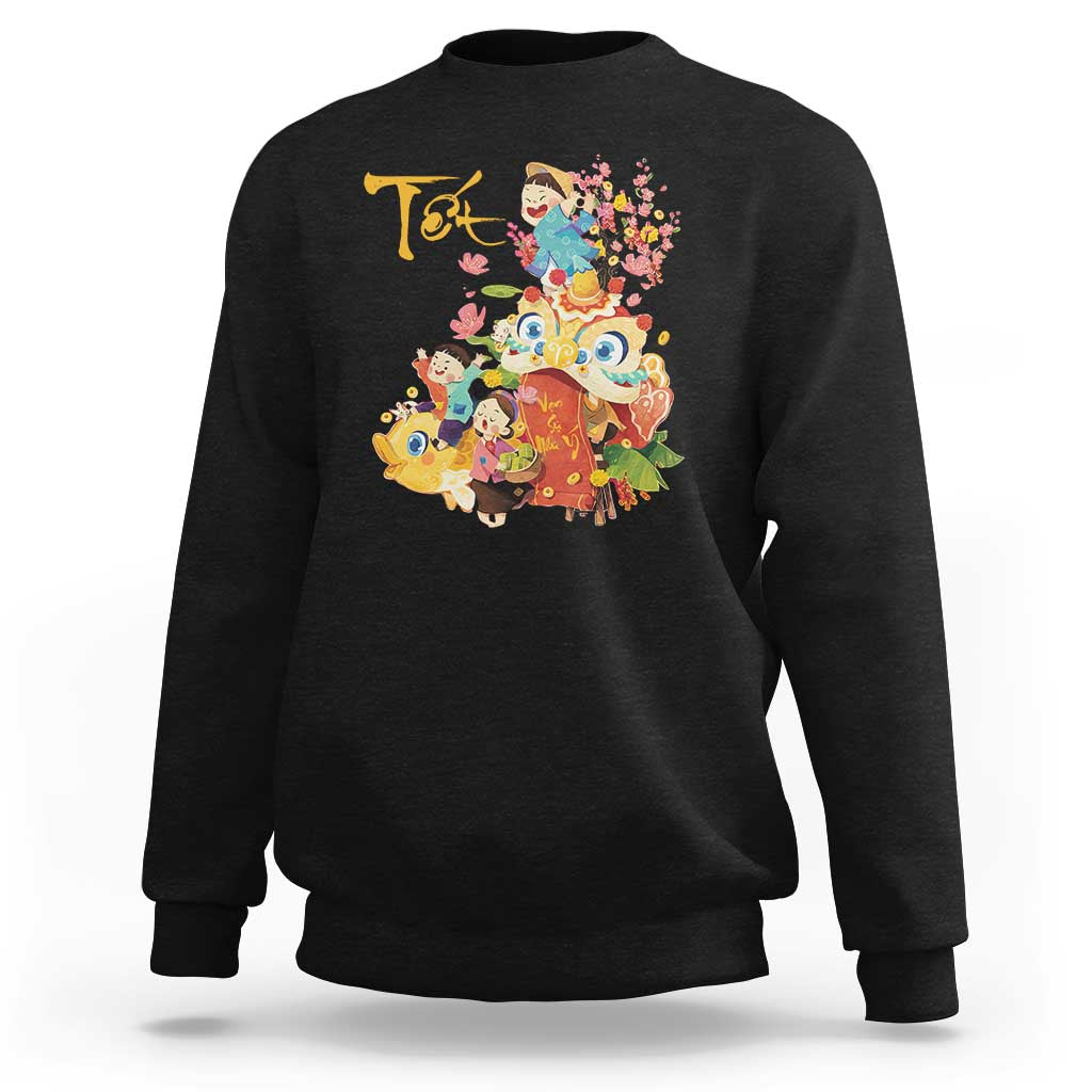 Black crewneck sweatshirt with colorful Tet holiday graphic on the back