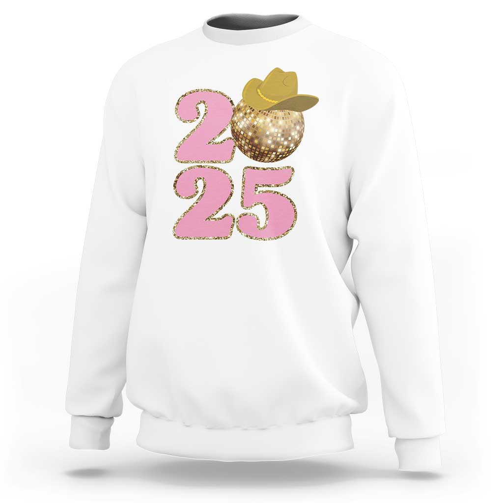 White sweatshirt with glitter “2 25” design and gold cowboy hat on front