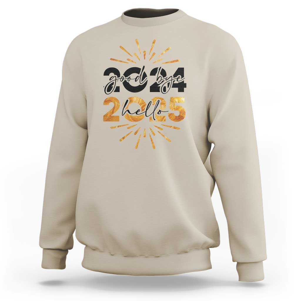 Sand crewneck sweatshirt with “goodbye 2024 hello 2025” New Year graphic and fireworks