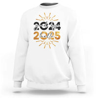 White crewneck sweatshirt with “goodbye 2024 hello 2025” New Year graphic and fireworks