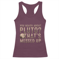 Racerback tank top with crew neck and space-themed front graphic, maroon.