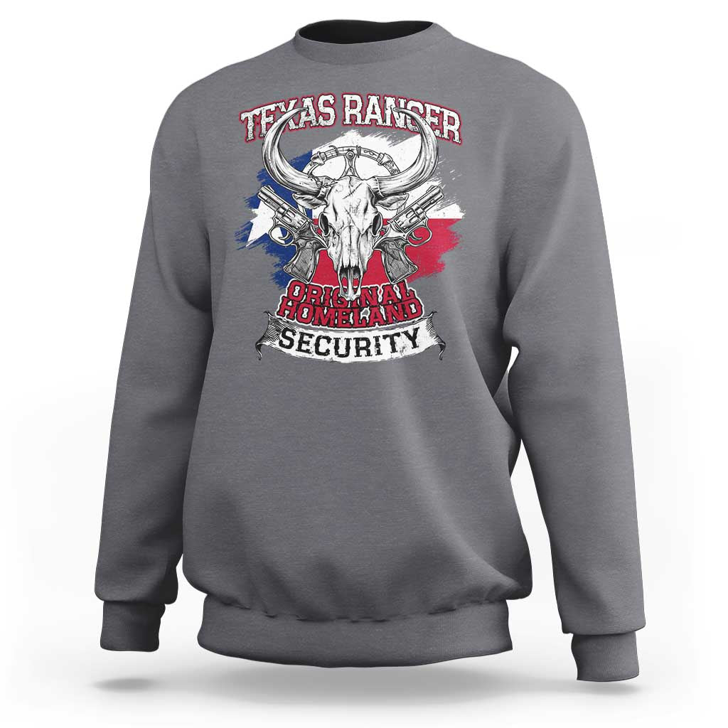 Charcoal crewneck sweatshirt with Texas Ranger graphic on back, long sleeves