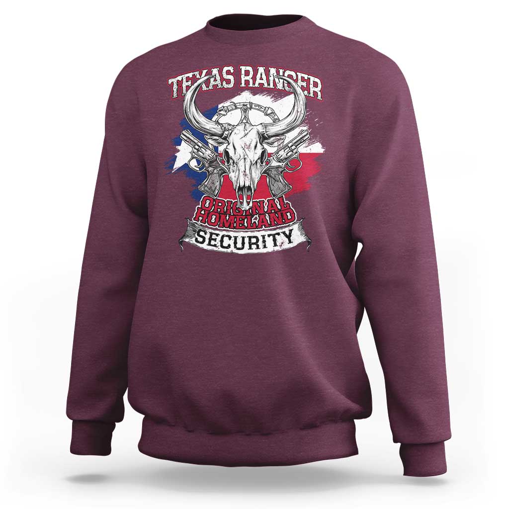 Maroon crewneck sweatshirt with Texas Ranger graphic on back, long sleeves