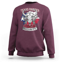 Maroon crewneck sweatshirt with Texas Ranger graphic on back, long sleeves