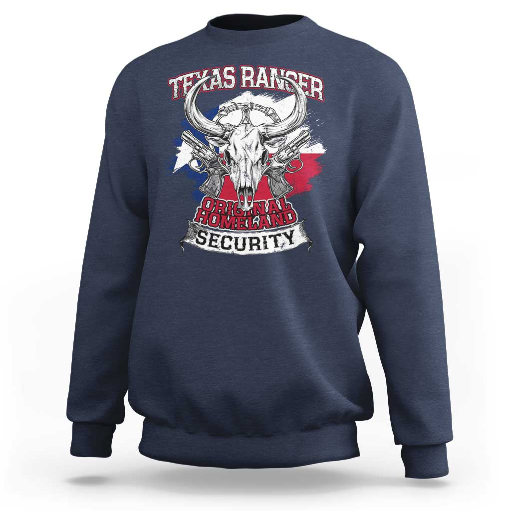 Navy crewneck sweatshirt with Texas Ranger graphic on back, long sleeves