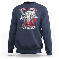 Navy crewneck sweatshirt with Texas Ranger graphic on back, long sleeves