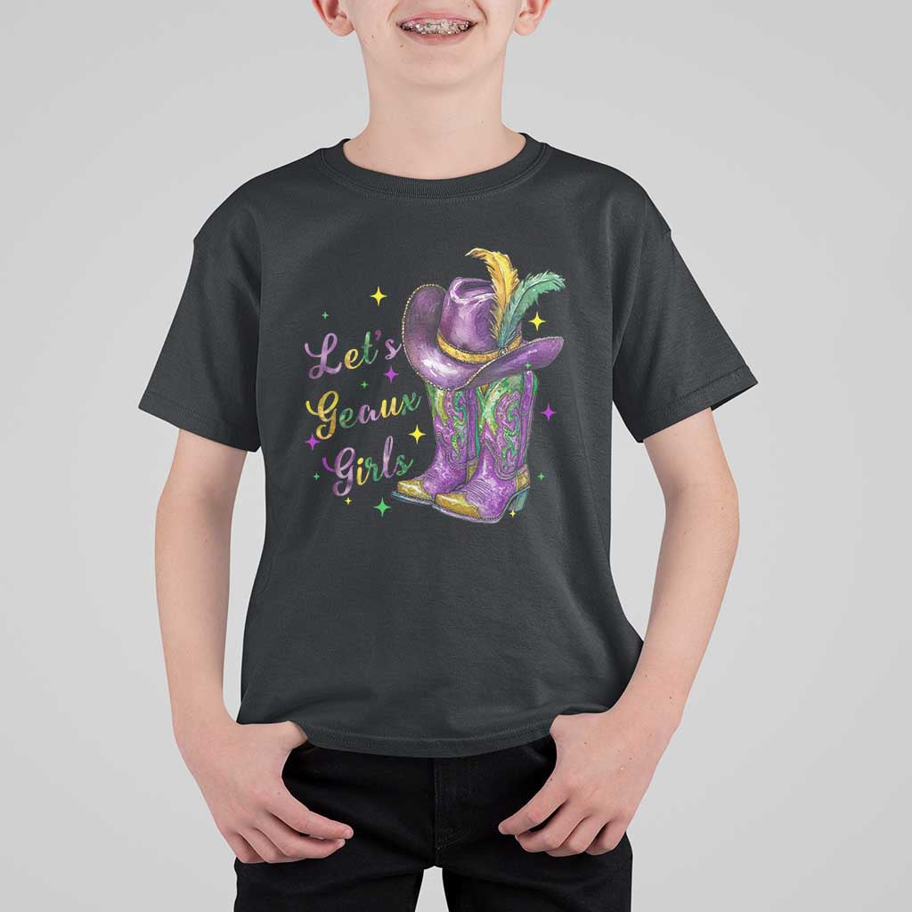 Funny Mardi Gras Cowgirl T Shirt For Kid Let's Geaux Girls Western Cowgirl Boots Carnival