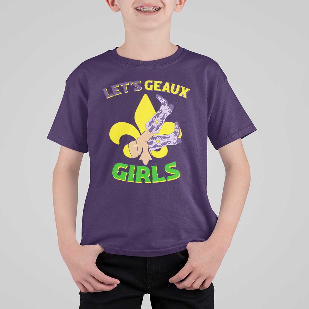 Funny Mardi Gras Cowgirl T Shirt For Kid Let's Geaux Girls Fleur De Lys