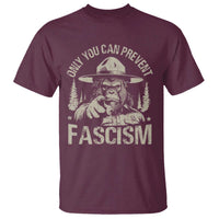 Maroon Bigfoot graphic T-shirt with 'FASCISM' front print