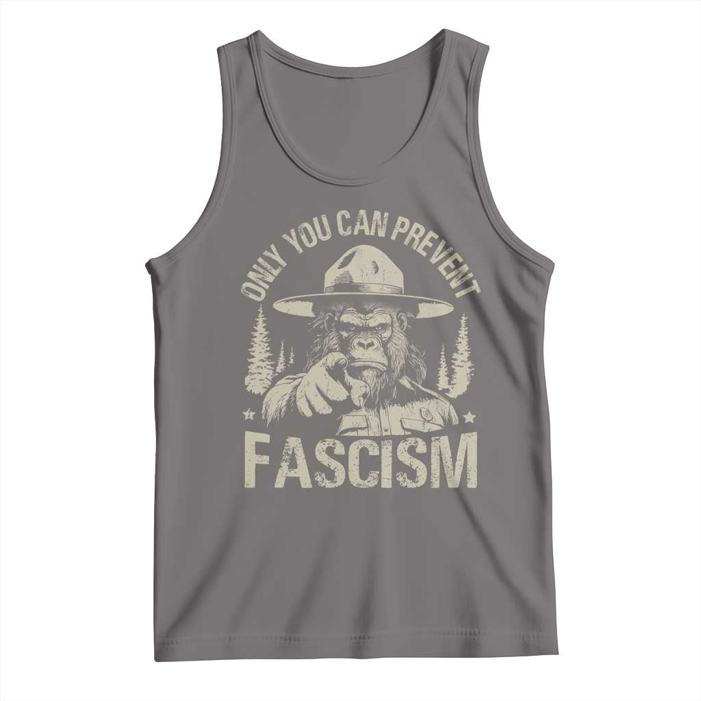 Dark gray tank top with Bigfoot graphic and 'ONLY YOU CAN PREVENT FASCISM'