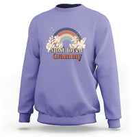 Purple crewneck sweatshirt with long sleeves and vintage floral rainbow “Most Loved Grammy” graphic