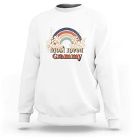 White crewneck sweatshirt with long sleeves and vintage floral rainbow “Most Loved Grammy” graphic