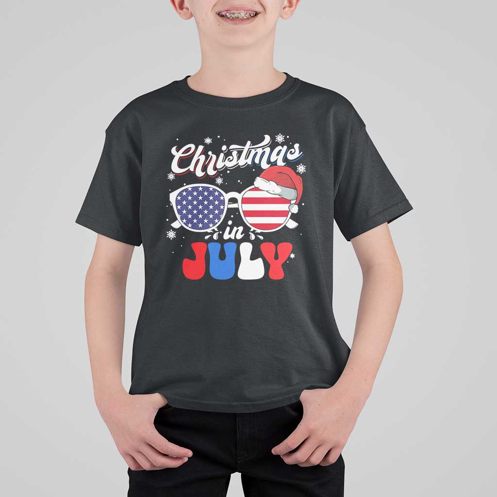 Christmas In July T Shirt For Kid Santa Hat Sunglasses USA Flag 4th Of July Xmas - Wonder Print Shop